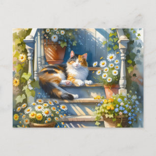 Dreifarbige Katze auf floraler Veranda Cottagecore Postkarte