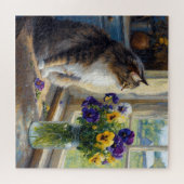 Dreifarbige Katze mit Stiefmütterchen-Sträußchen a Puzzle (Horizontal)