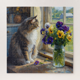 Dreifarbige Katze mit Stiefmütterchen-Sträußchen a Puzzle