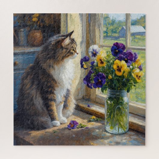 Dreifarbige Katze mit Stiefmütterchen-Sträußchen a Puzzle (Vertikal)