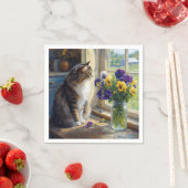 Dreifarbige Katze mit Stiefmütterchen-Sträußchen a Serviette (Beispiel)