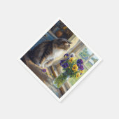 Dreifarbige Katze mit Stiefmütterchen-Sträußchen a Serviette (Ecke)