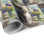 Dreifarbige Katze mit Stiefmütterchenstrauß am Bau Geschenkpapier (Rolleneckpunkt)