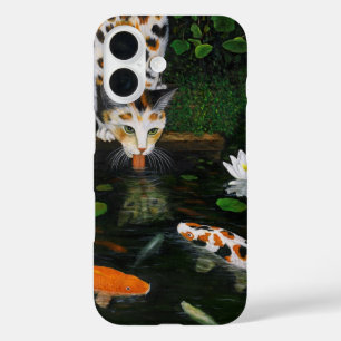 Dreifarbige Katze und Koi-Fisch iPhone 16 Hülle