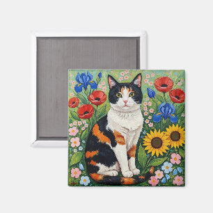 Dreifarbige Katze und volkstümliche Sonnenblumen Magnet