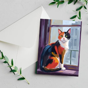Dreifarbige Katze Wasserfarben-Fensterbank-Haust