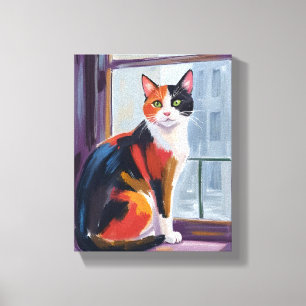 Dreifarbige Katze Wasserfarben-Fensterbank-Haust Leinwanddruck