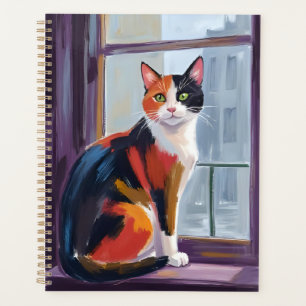 Dreifarbige Katze Wasserfarben-Fensterbank-Haust Planer