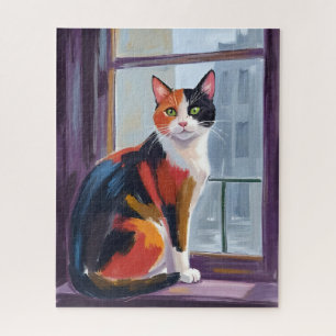 Dreifarbige Katze   Wasserfarben-Fensterbank-Haust Puzzle