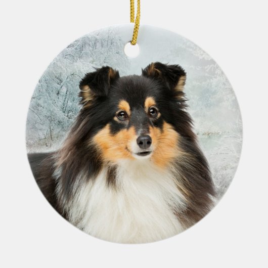 Dreifarbige Sheltie Weihnachtsdekoration Keramik Ornament (Vorne)