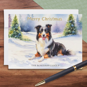 Dreifarbiges Border Collie im Schnee Frohe Weihnac Feiertagskarte