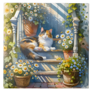 Dreifarbiges Katze auf floraler Veranda Cottagecor Fliese