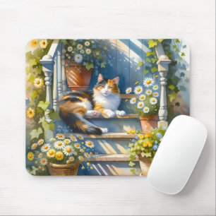 Dreifarbiges Katze auf floraler Veranda Cottagecor Mousepad