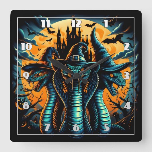 Dreiköpfige Schlangen in einem unheimlichen Hallow Quadratische Wanduhr (Vorderseite)