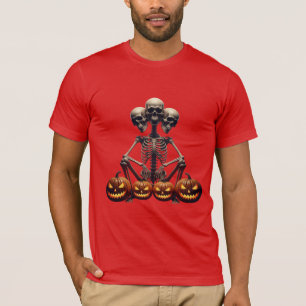 Dreiköpfiges Skelett und leuchtende Kürbisse T-Shirt