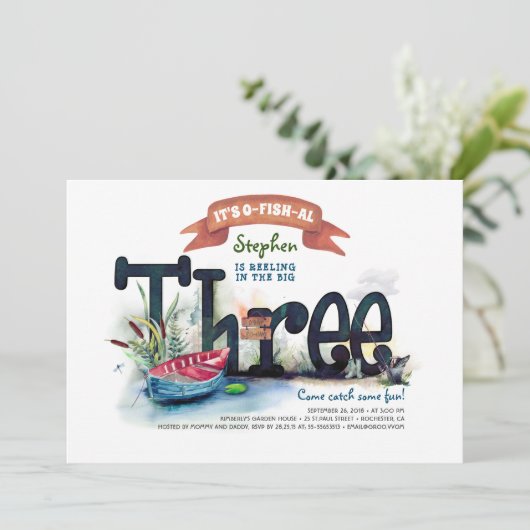 Dreimal 3 Fishing Themed Boys - Einladung zum Gebu (Stehend Vorderseite)