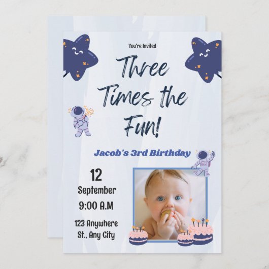 Dreimal Spaß, anpassbarer 3. Geburtstag Einladung (Vorne/Hinten)
