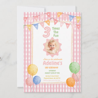 Dreimal Spaß Pink Foto Geburtstag Einladung