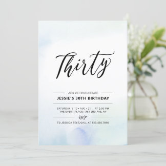 dreißig | Blaues 30. Geburtstag Party Wasserfarbe Einladung