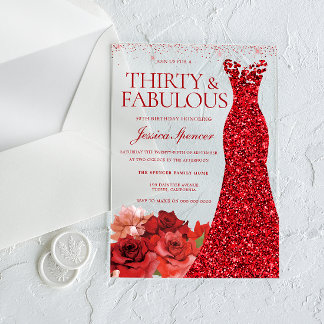 Dreißig & Fantastisch! Rotes Kleid 30. Geburtstags Acryleinladungen