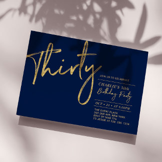 dreißig | Navy & Gold Modernes 30. Geburtstags-Par Einladung