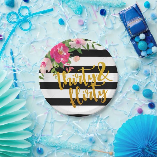 Dreißig u. kokette Platte - mit Blumen mit Pappteller (Party)