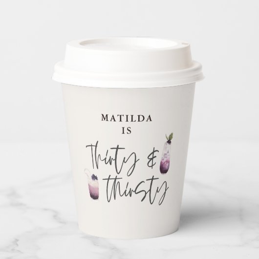 Dreißigunddreißig lila Getränke Geburtstag Pappbecher (Vorderseite)