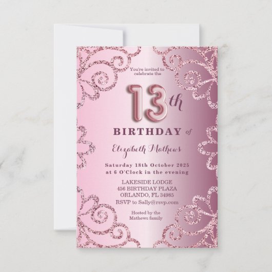 Dreizehnte Birthday Pink Glitzer Ballon Script Einladung (Vorderseite)
