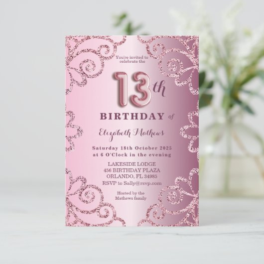 Dreizehnte Birthday Pink Glitzer Ballon Script Einladung (Stehend Vorderseite)