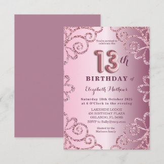 Dreizehnte Birthday Pink Glitzer Ballon Script Einladung