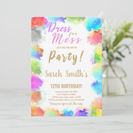 Dress for Mess Paint Birthday Invitations Einladung (Stehend Vorderseite)
