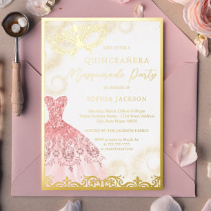 Dress Gold Pink Masquera Party Quinceanera Folieneinladung