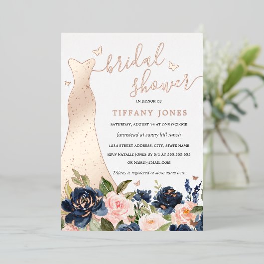 Dress Navy Blush Rose Gold Brautparty Folieneinladung (Stehend vorne)