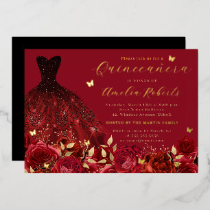 Dress Red Gold Butterfly Floral Folieneinladung