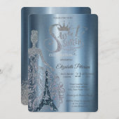 Dress, Tiara, Diamonds Eiffel Tower Blue Sweet 16 Einladung (Vorne/Hinten)