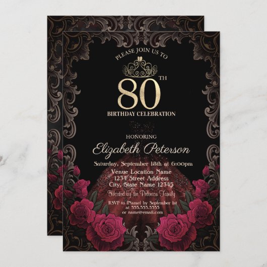 Dress,Tiara,Red Roses Gothic Frame 80th Birthday Einladung (Vorne/Hinten)