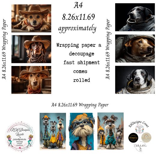 Dressed Up Dogs A4 Wrapping Paper for Decoupage Geschenkpapier Set