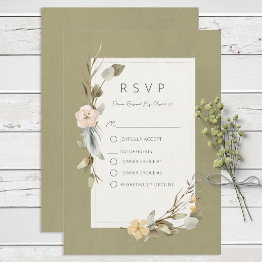 Dried Boho Floral Frame Sage Wedding RSVP Karte