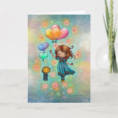 Drifting Heart Pals Girl and Kitty mit Balloons Karte (Vorderseite)