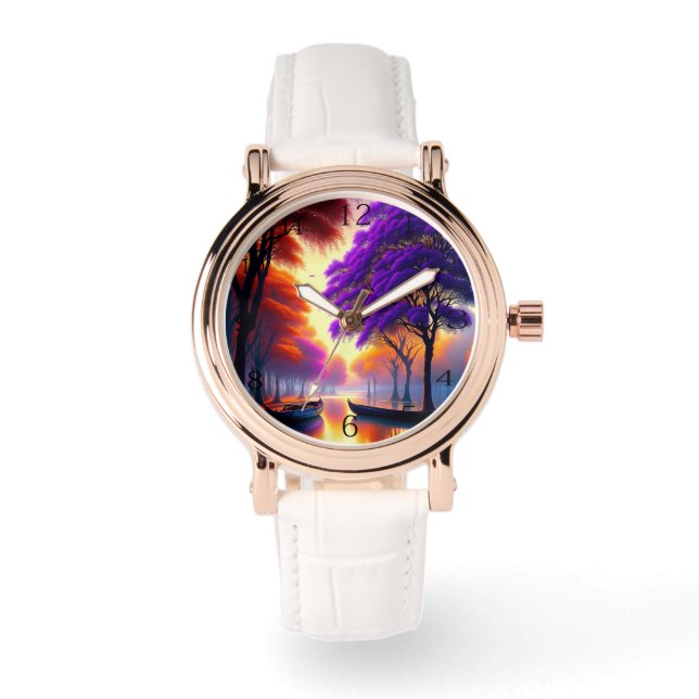 "Drifting Tranquility: Kanus unter Jacarandas Armbanduhr (Vorderseite)