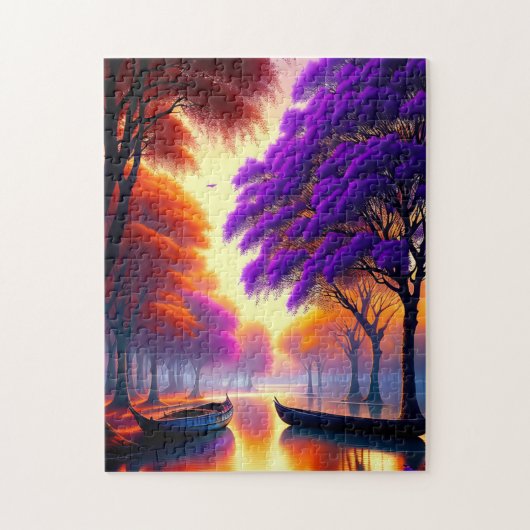 "Drifting Tranquility: Kanus unter Jacarandas Puzzle (Vertikal)