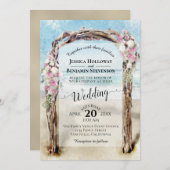 Driftwood Arch Pink & White Roses Beach Hochzeit Einladung (Vorne/Hinten)