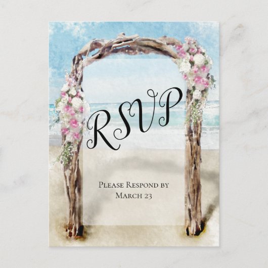 Driftwood Beach Arbour mit Rose Wedding RSVP Postkarte (Vorderseite)