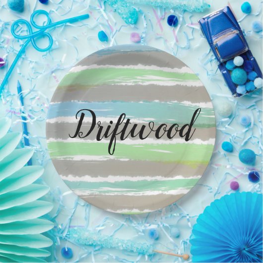 Driftwood Grau Blue Green Stripes Wasserfarbe Pappteller (Party)