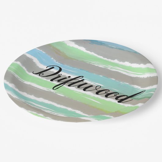 Driftwood Grau Blue Green Stripes Wasserfarbe Pappteller (Schrägansicht)
