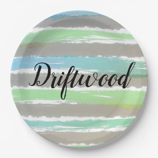 Driftwood Grau Blue Green Stripes Wasserfarbe Pappteller (Vorderseite)
