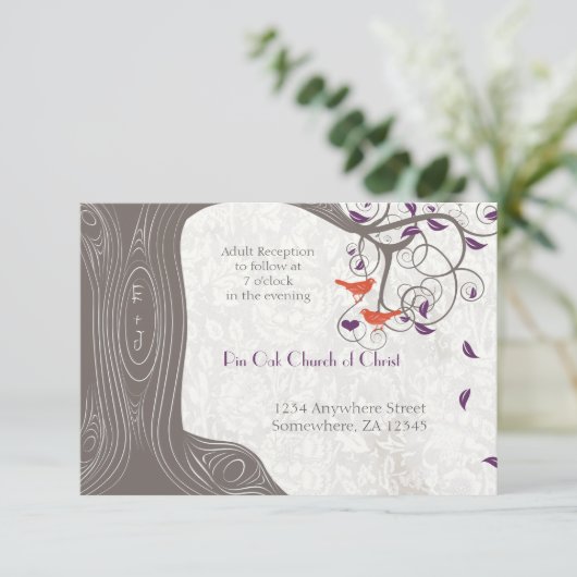 Driftwood Mandarine Birds Lila Leaf Hochzeit Einladung (Stehend Vorderseite)