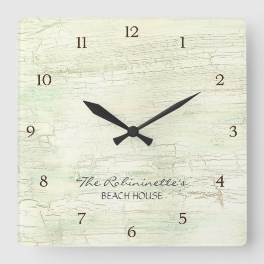 Driftwood Ocean Beach House Coastal Seashore Quadratische Wanduhr (Vorderseite)