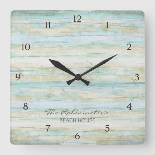 Driftwood Ocean Beach House Coastore Quadratische Wanduhr (Vorderseite)