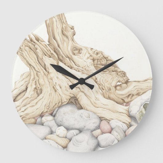 Driftwood & Pebbles in Coloured Pencil Wall Clock Große Wanduhr (Vorderseite)